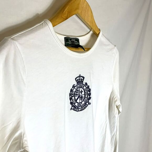 Lauren Ralph Lauren White Cotton Navy Embroidered Crest LS T-Shirt Size L-Petite - Picture 3 of 10